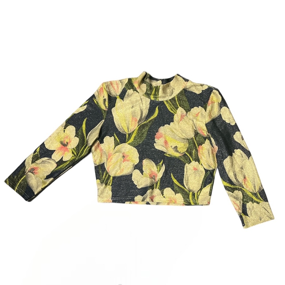 M. Iridescent sparkling tulip floral long sleeves crop top